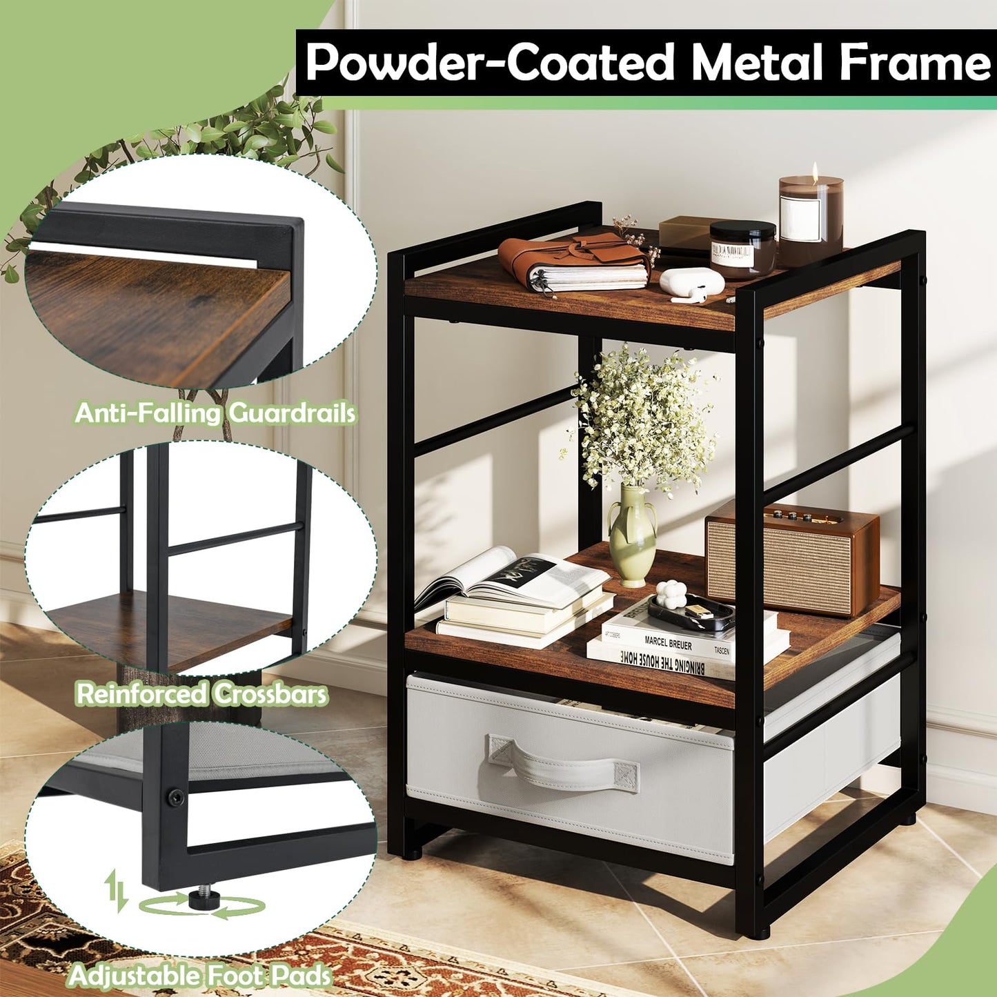 Nightstand Bedside Table with Fabric Drawer Open Wood Shelf