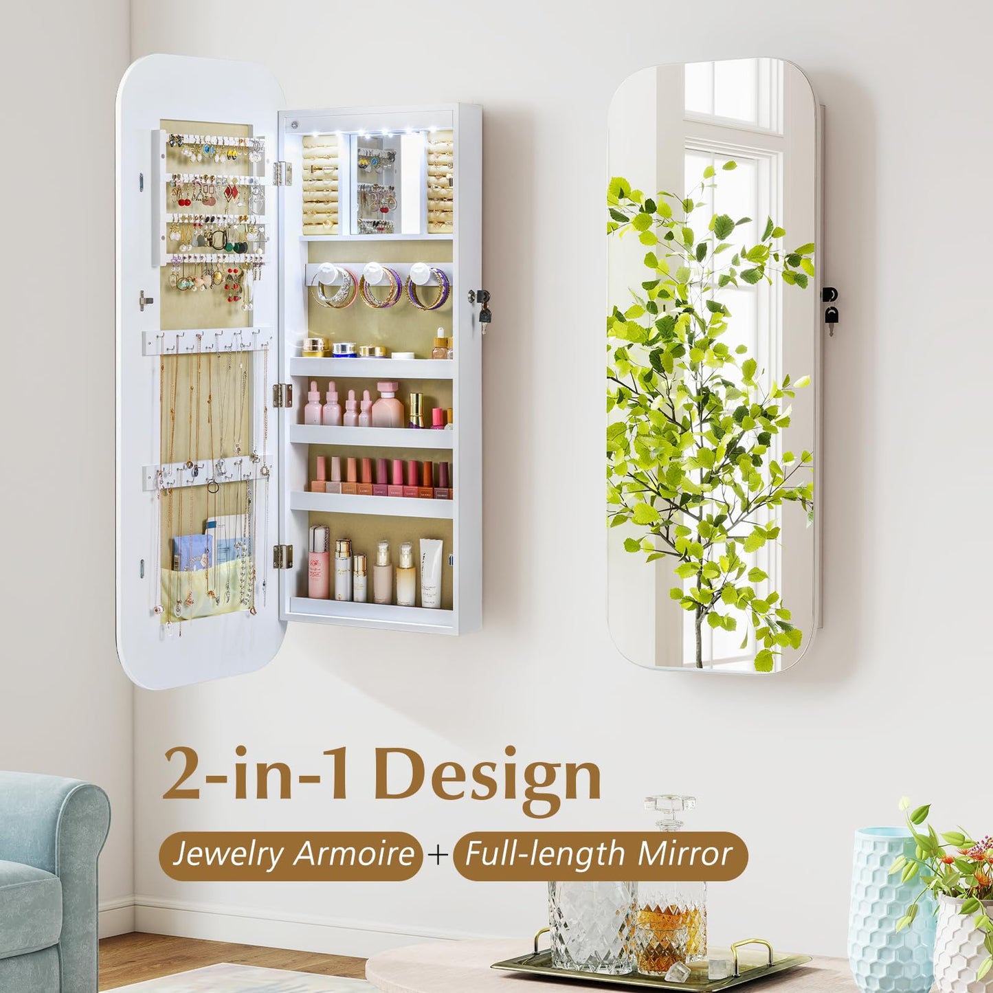 Lockable Jewelry Cabinet with Full-Length Mirror and Storage Shelves