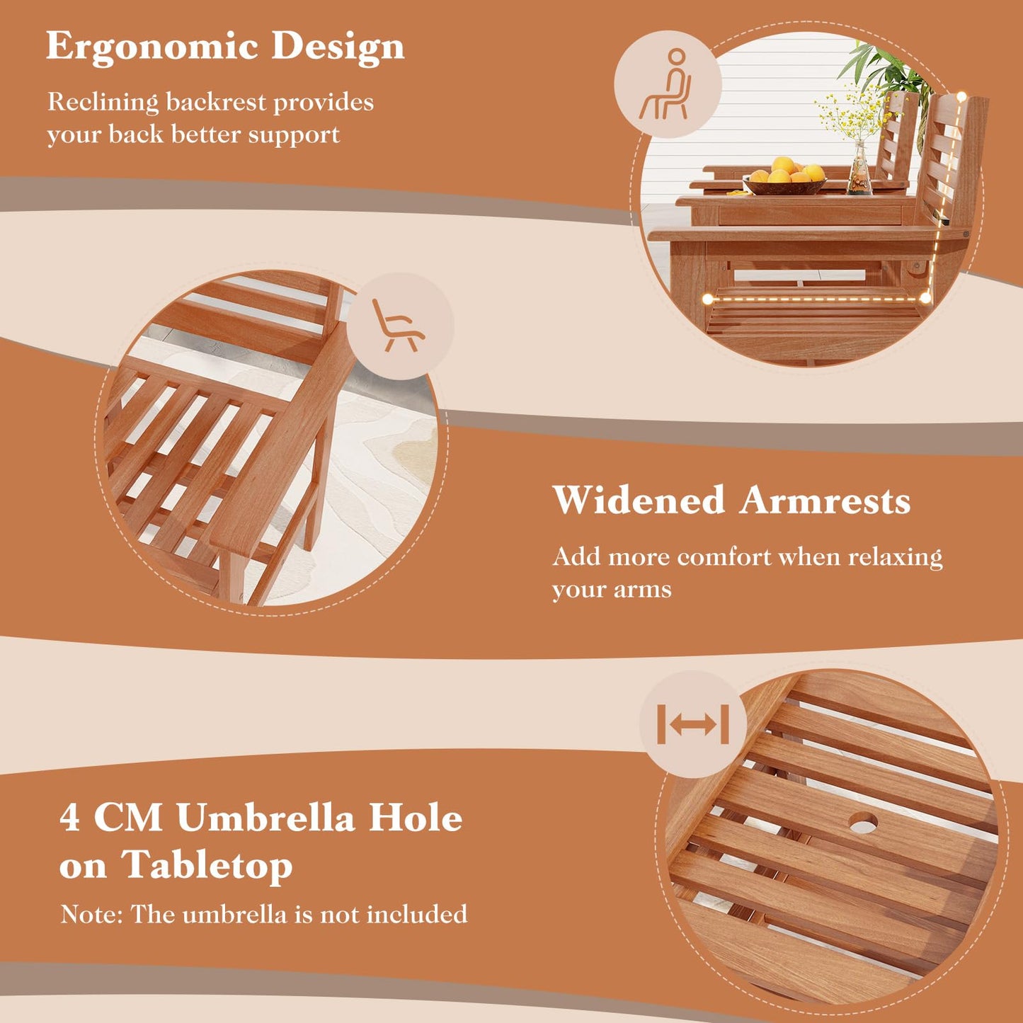 2-Seater Wooden Bench Seat with 2 Tier Coffee Table and Umbrella Hole