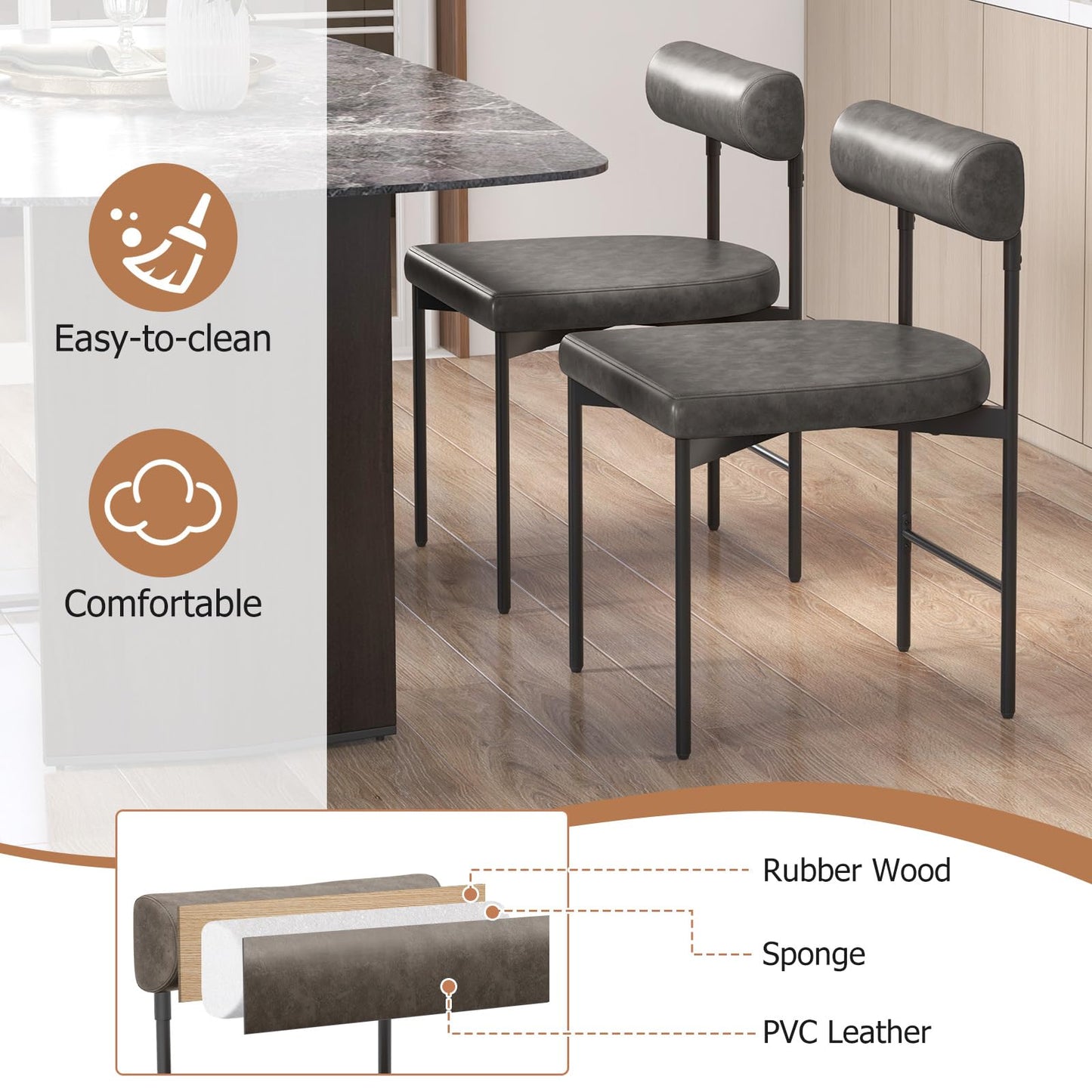 Faux Leather Upholstered Kitchen Side Chair with Curved and Padded Backrest