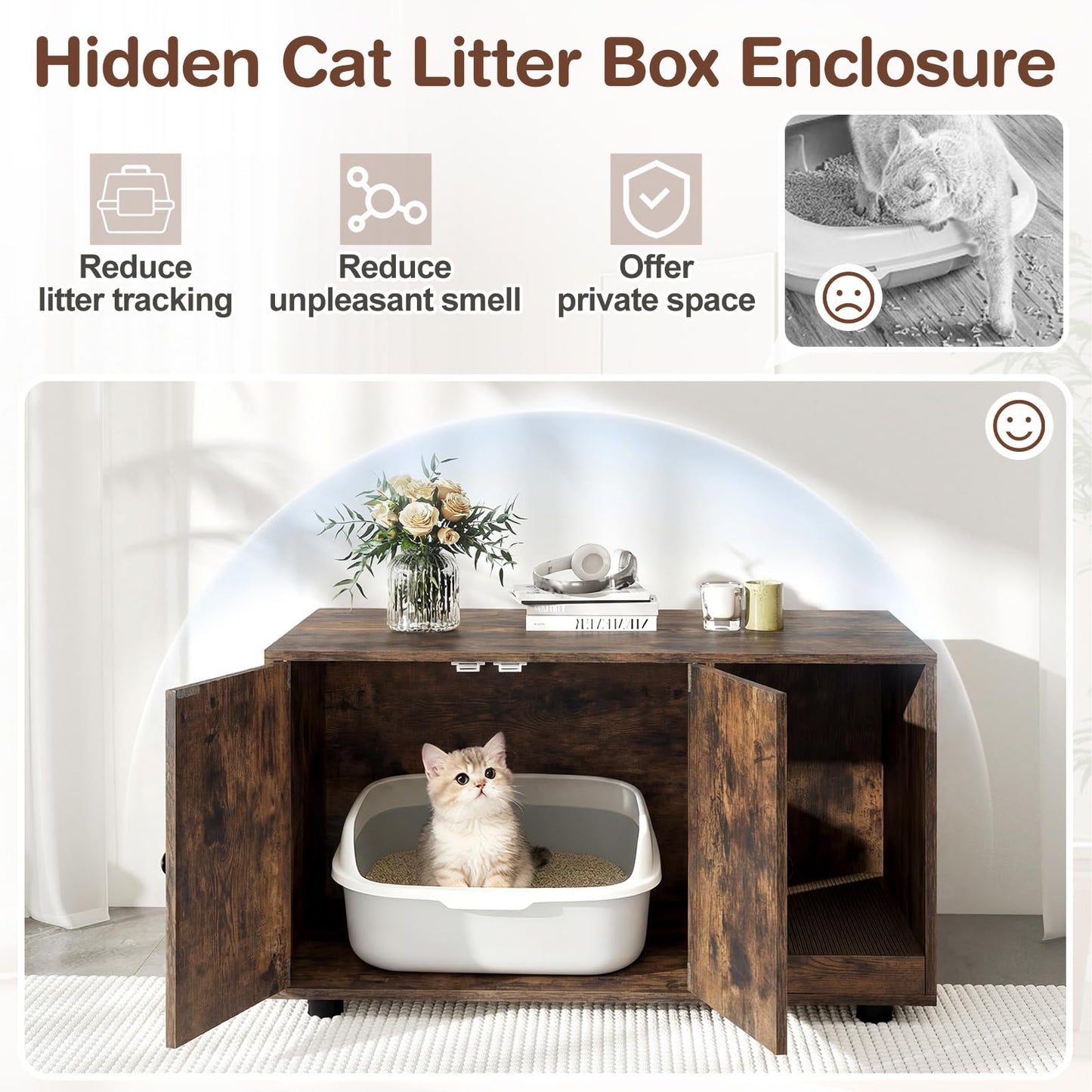Wooden Cat Litter Box Enclosure Hidden Litter Box Furniture with Scratching Board