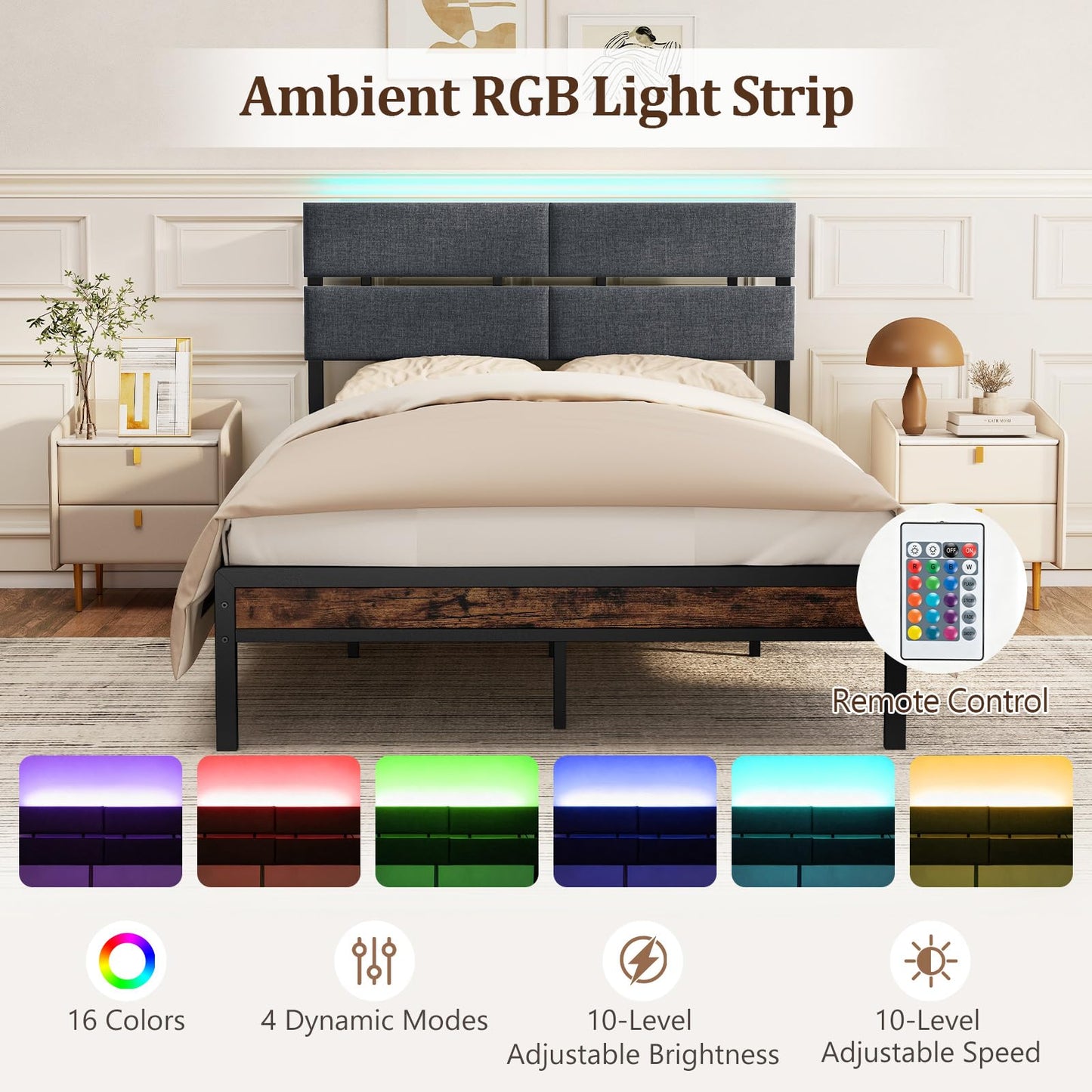 Double Bed Frame with LED Lights, Charging Station