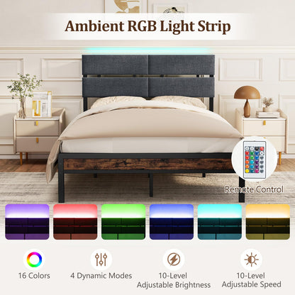 Double Bed Frame with LED Lights, Charging Station