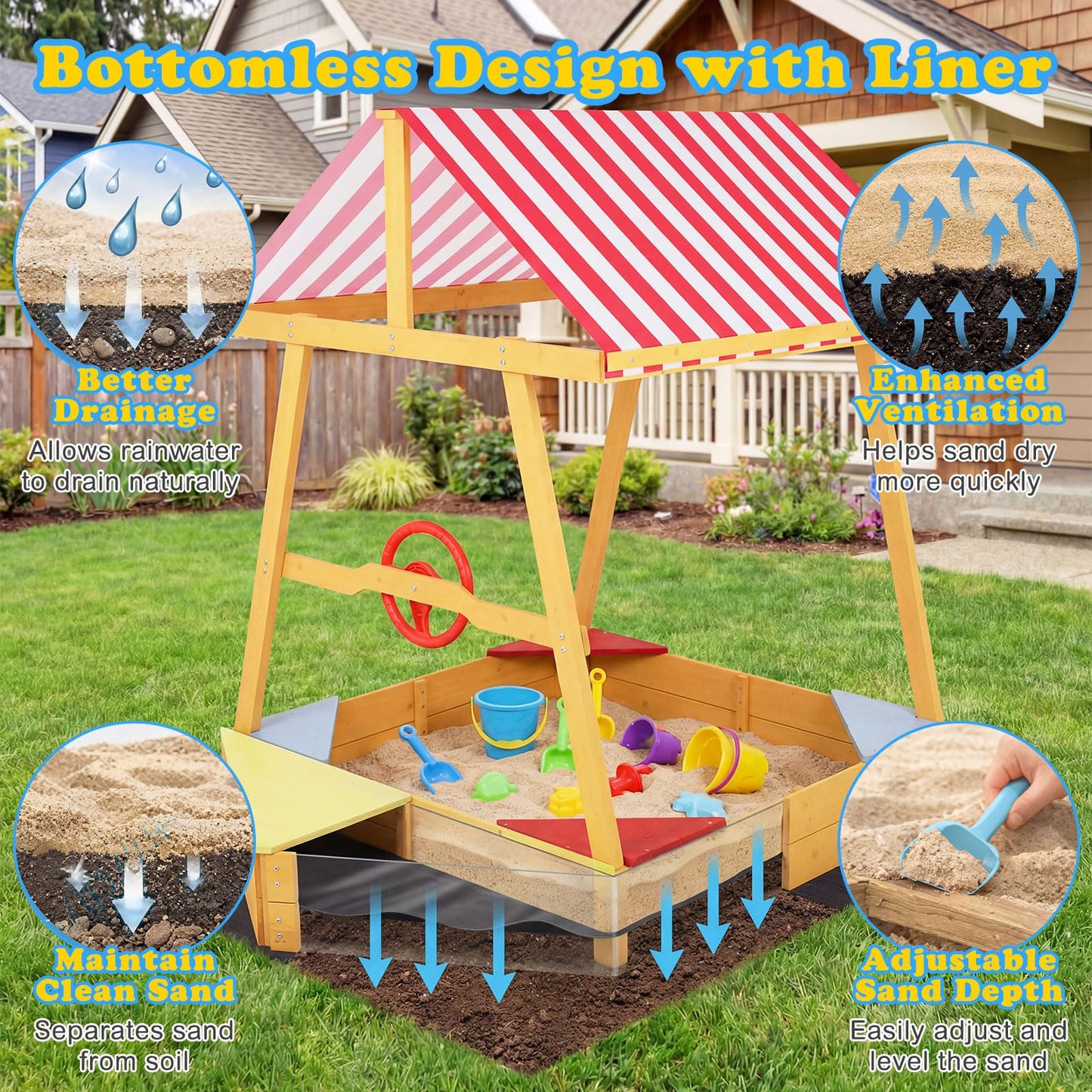 Wooden Kids Sandpit, Ship-Shaped Sandbox Sand Boat with Canopy, 4 Corner Seats