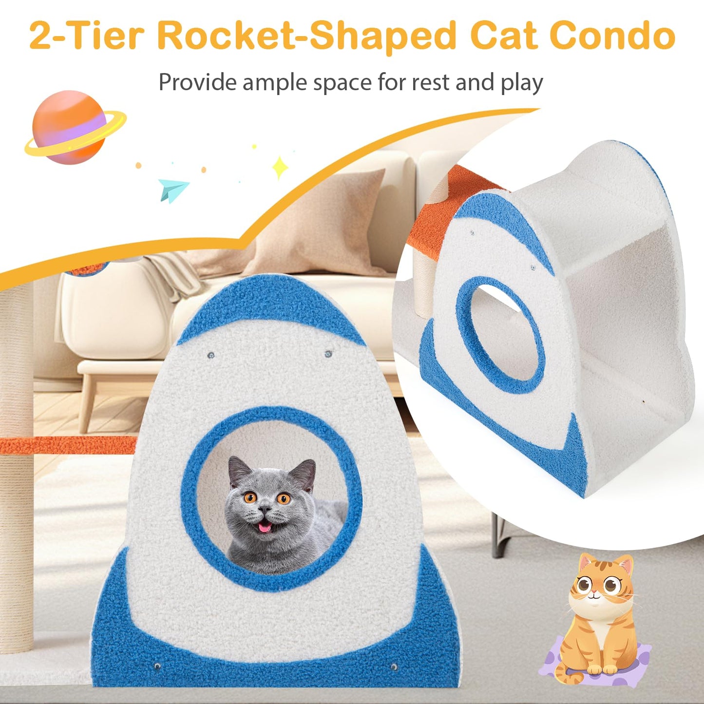 4-Level Cute Cat Tree Tower with UFO-Shaped Top Perch