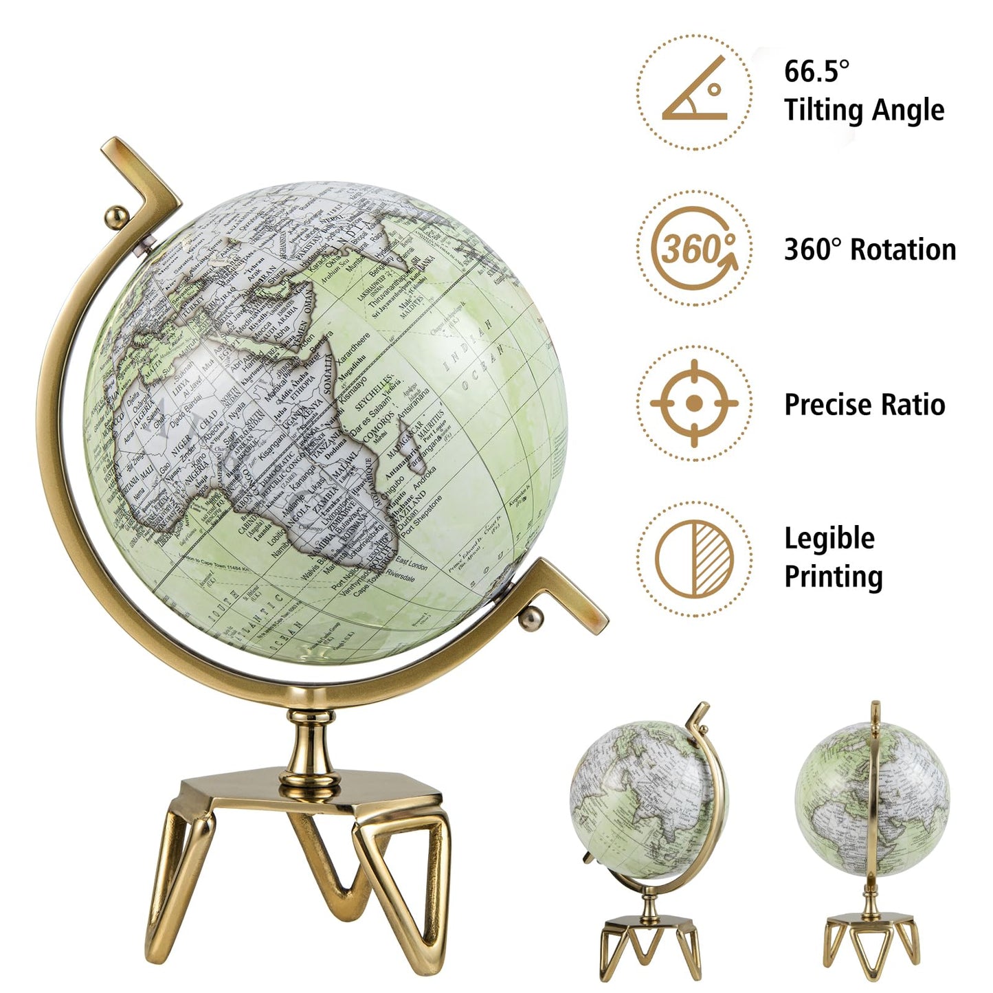 World Globe, 360° Rotating Geography Globe with Metal Meridian and Triangle Stand