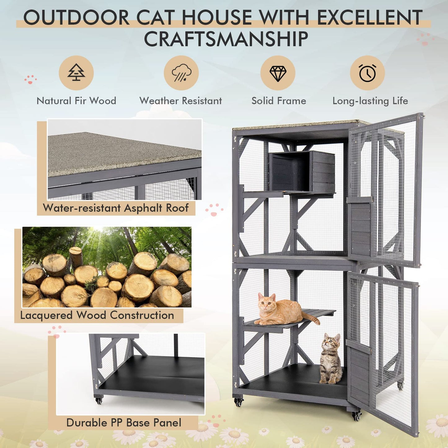 Wooden Weatherproof Roof Large Cats Enclosure with 4 Floors