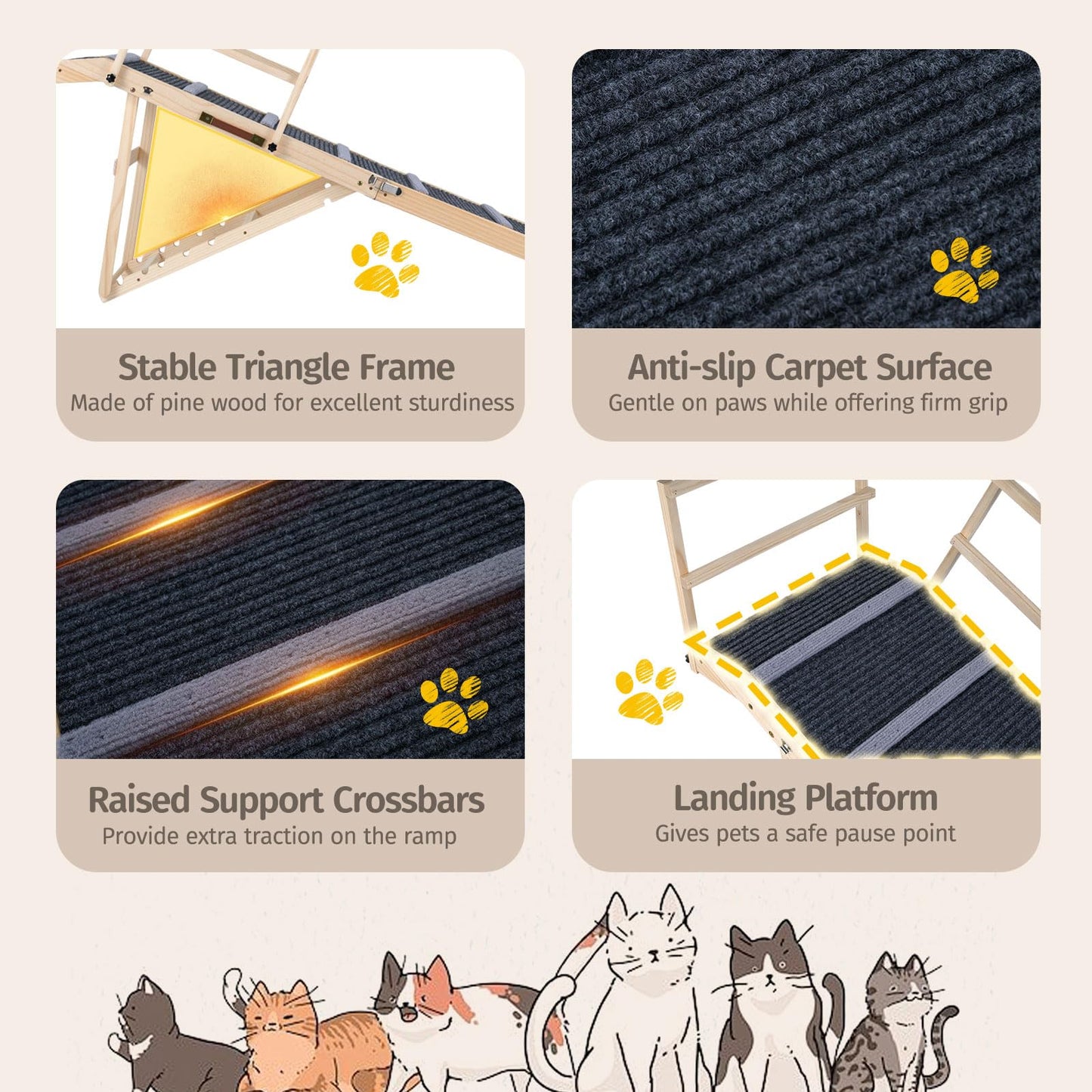 Wooden Pet Ramp, Foldable Dog Car Ladder with 6-level Adjustable Heights