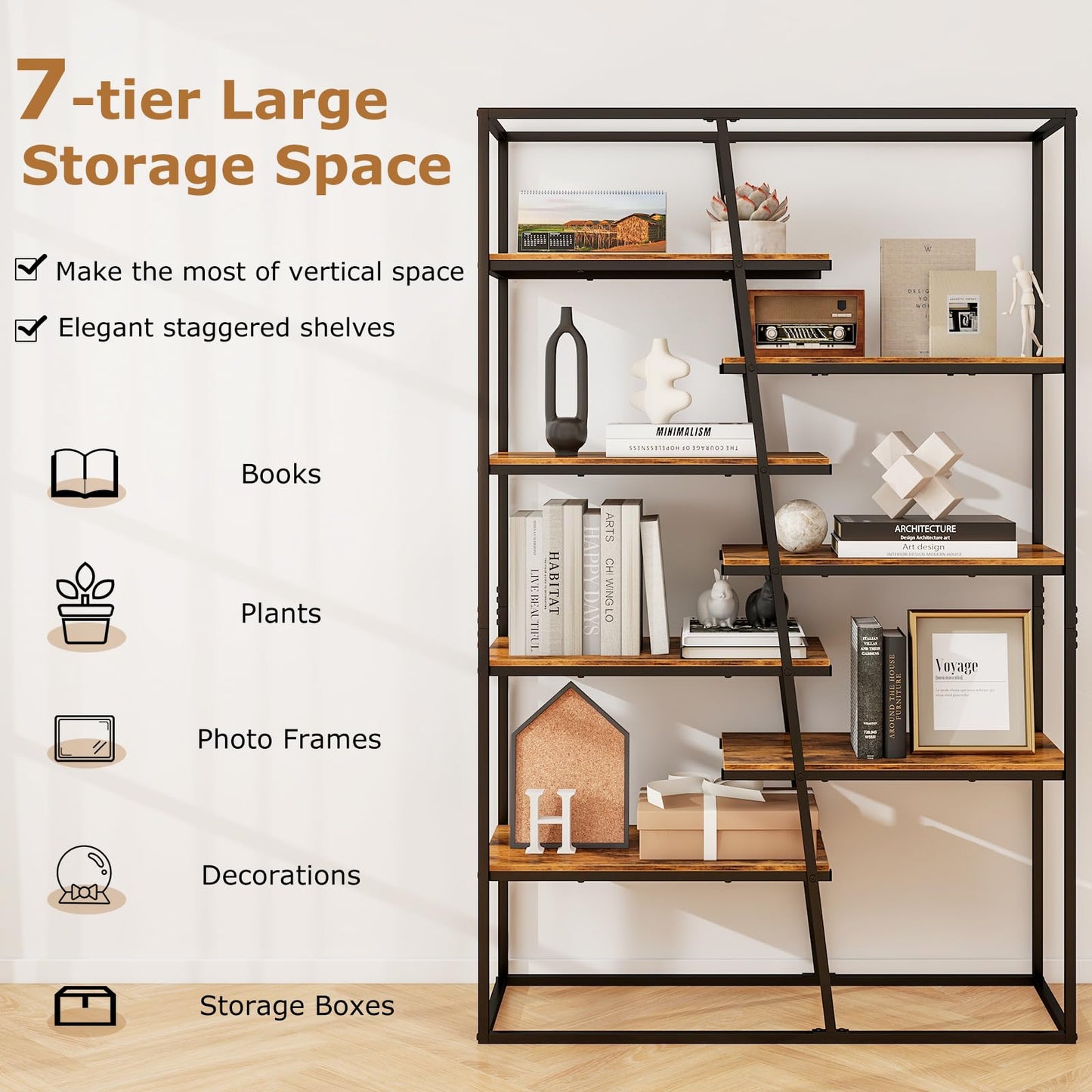 7 Tier Industrial Etagere Bookcase with Heavy duty Metal Frame
