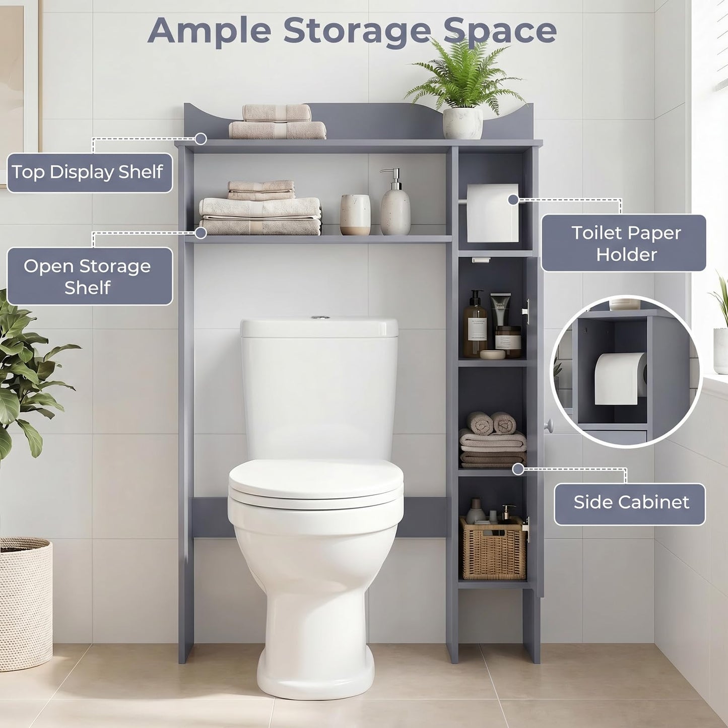 Over Toilet Storage Cabinet with Paper Holder and Removable Shelves for Bathroom