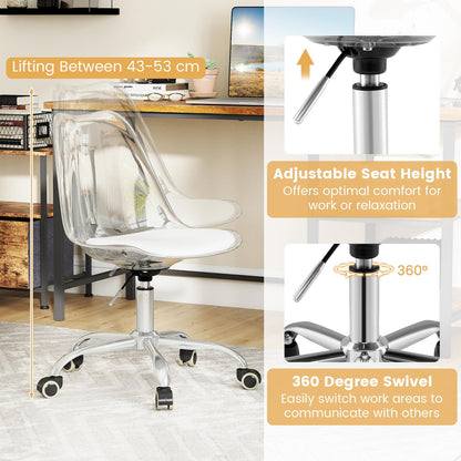 Clear Desk Chair Armless Rolling Acrylic Office Chair with Swivel Seat and PU Leather Cushion