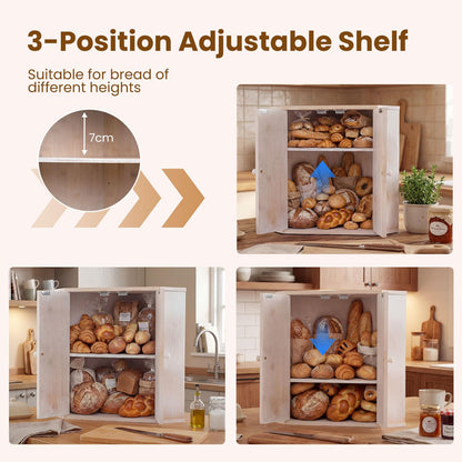 Corner Bread Box for Kitchen Counter, Bamboo Double Layer Breadbox Organizer with Adjustable Shelf