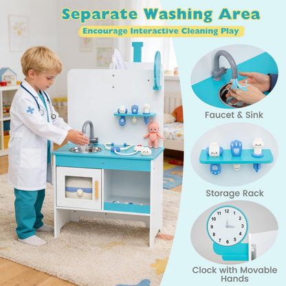 Wooden Toy Medical Center Playset with Faucet and ECG Monitor for Aged 3-6