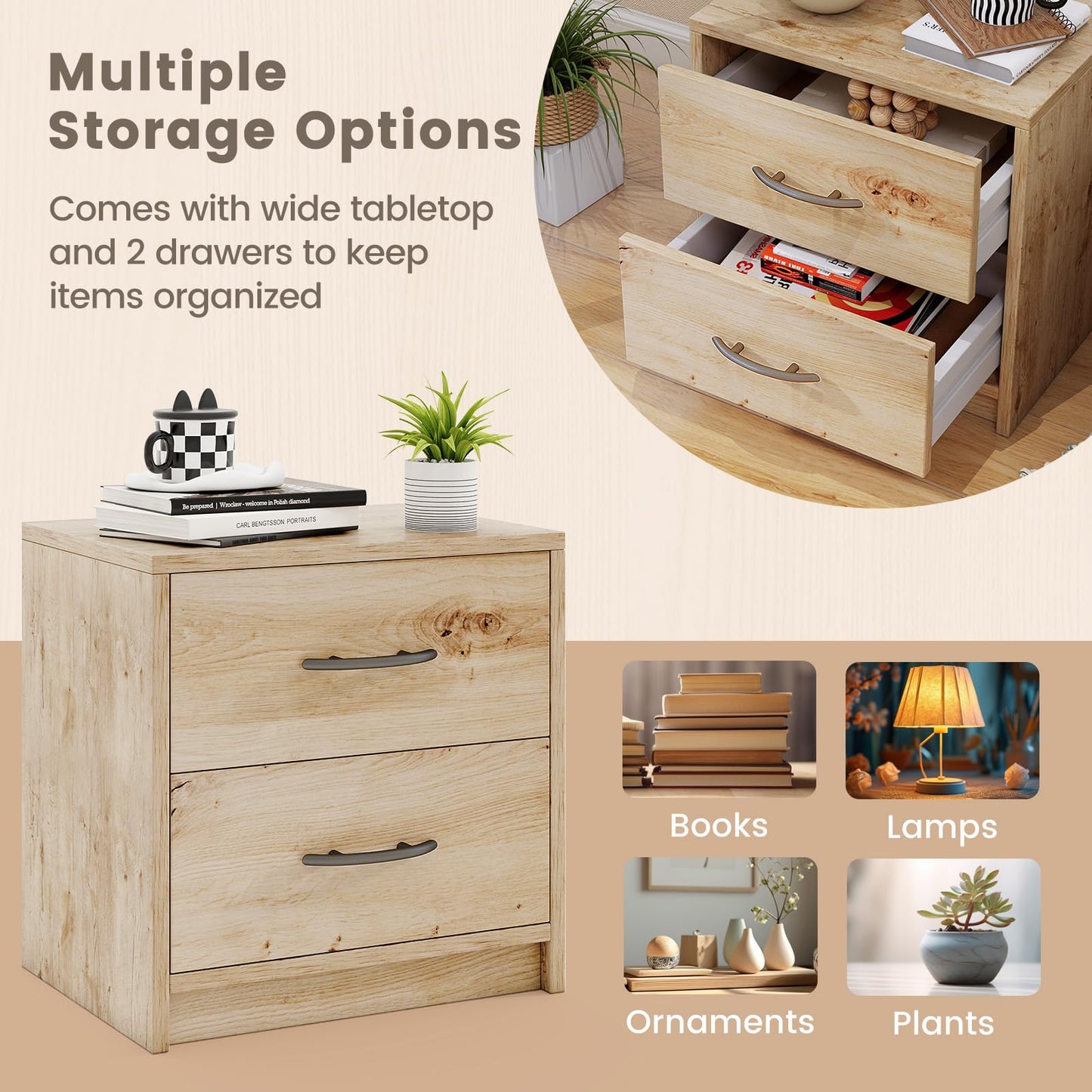 2-Drawer Nightstand with Storage for Living Room Bedroom