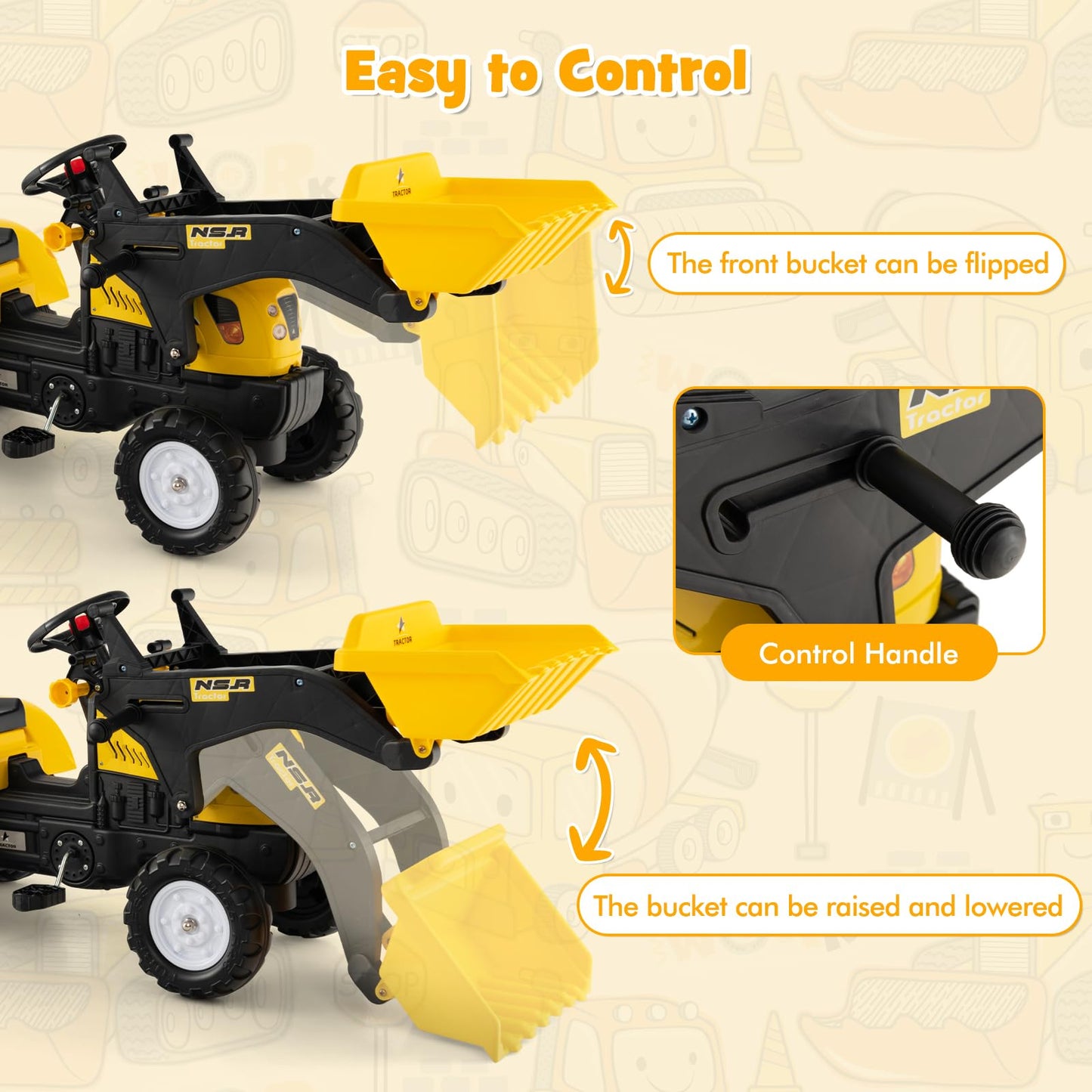 Kids Ride on Excavator, Pedal Go Kart with Manual Control Bucket
