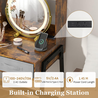 Dressing Table with 360° Rotation LED Vanity Mirror, Makeup Table Vanity Desk