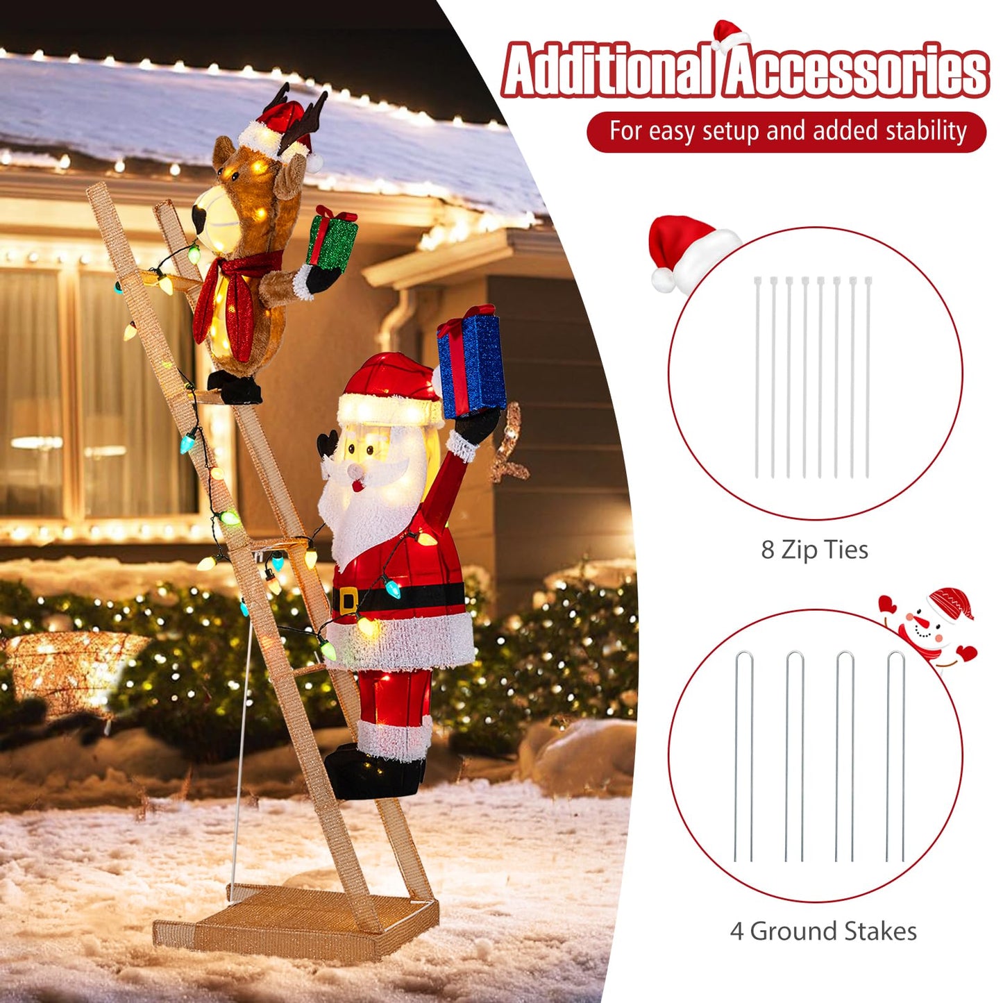 5.5 Feet Lighted Reindeer and Santa Claus on Ladder 3D Pre-Lit Indoor Outdoor