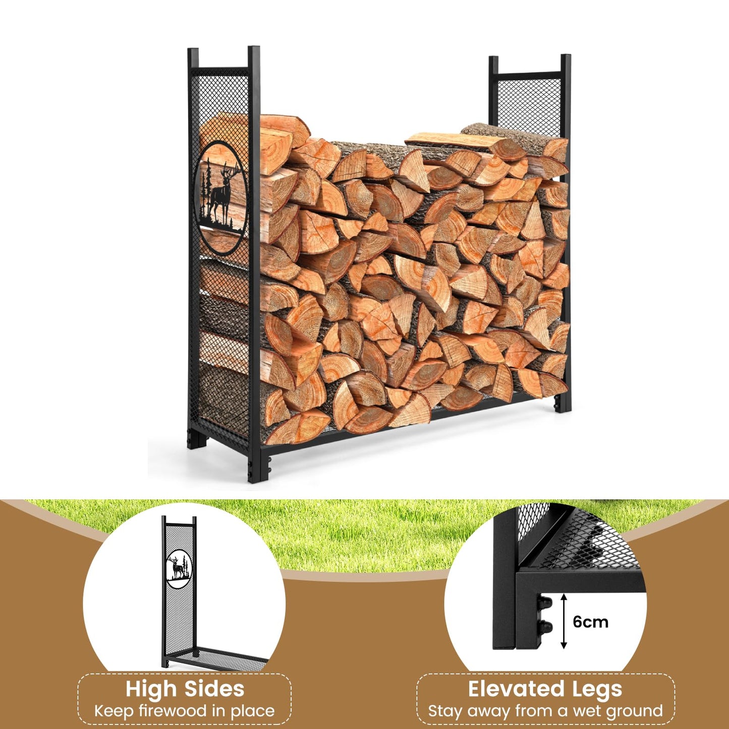 Firewood Rack Stand with Mesh Sides and Deer Tree Patterns
