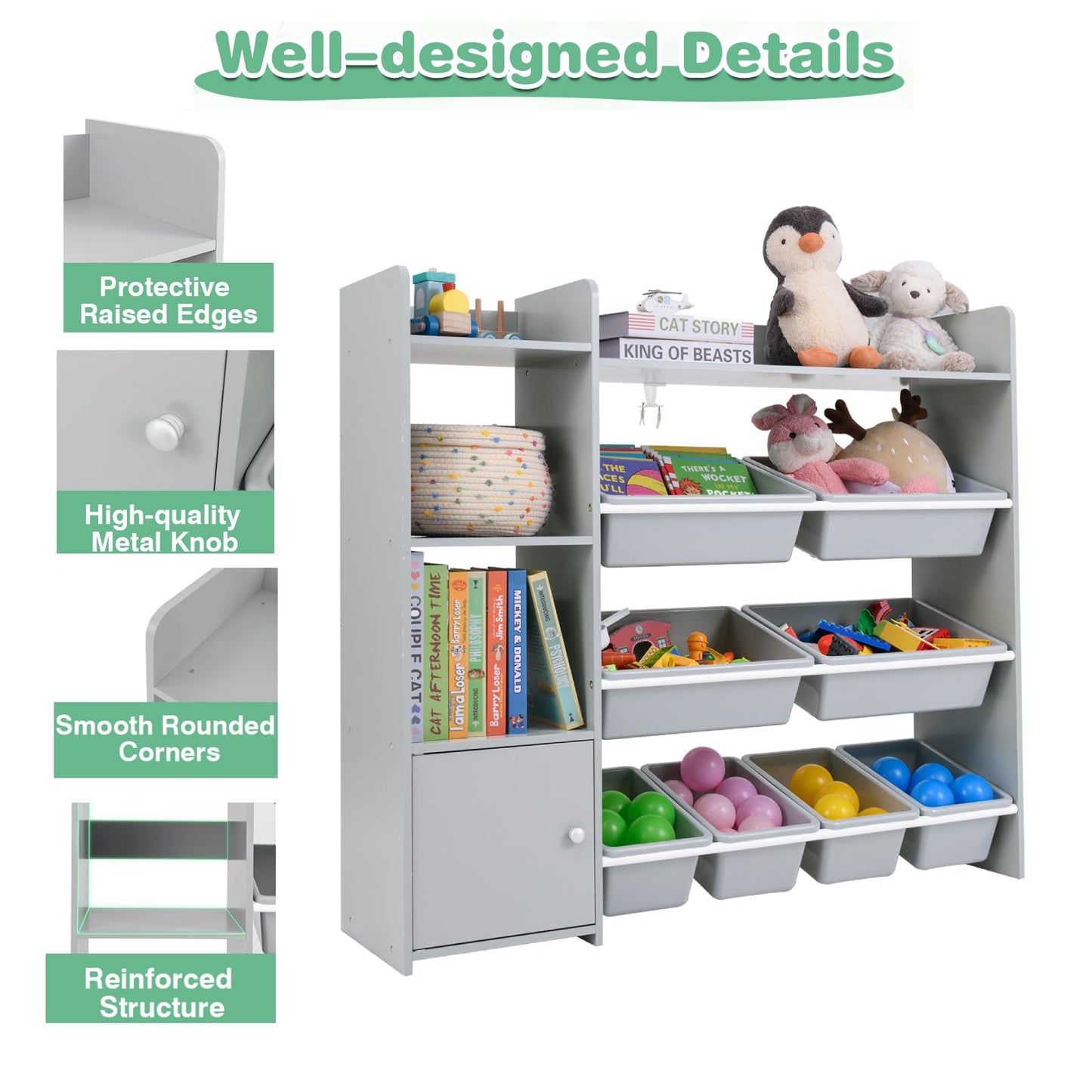 Kids Bookshelf Toy Storage Organizer with Storage Boxes and Open Shelves