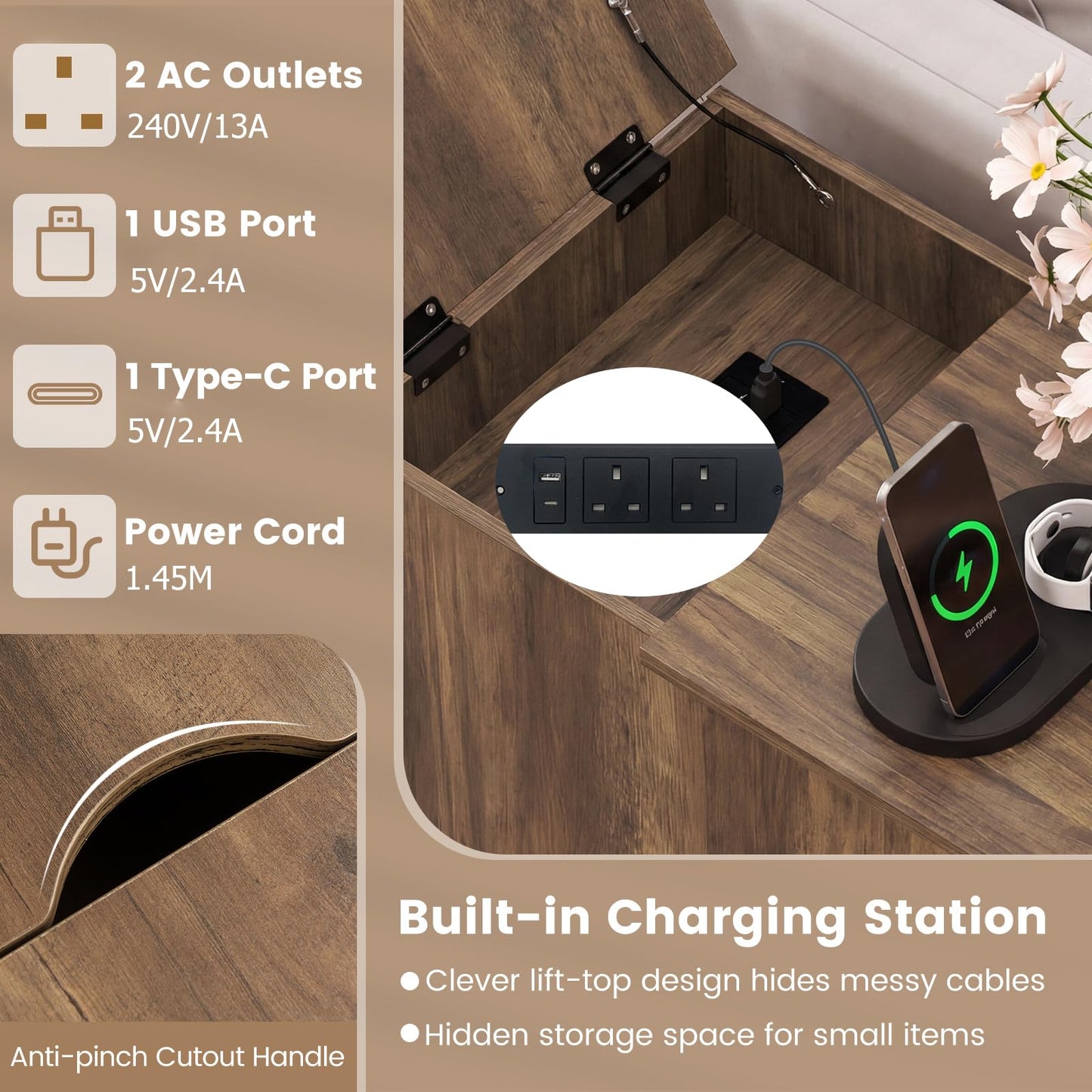 End Table with Charging Station Farmhouse Bedside Table with Storage Drawer