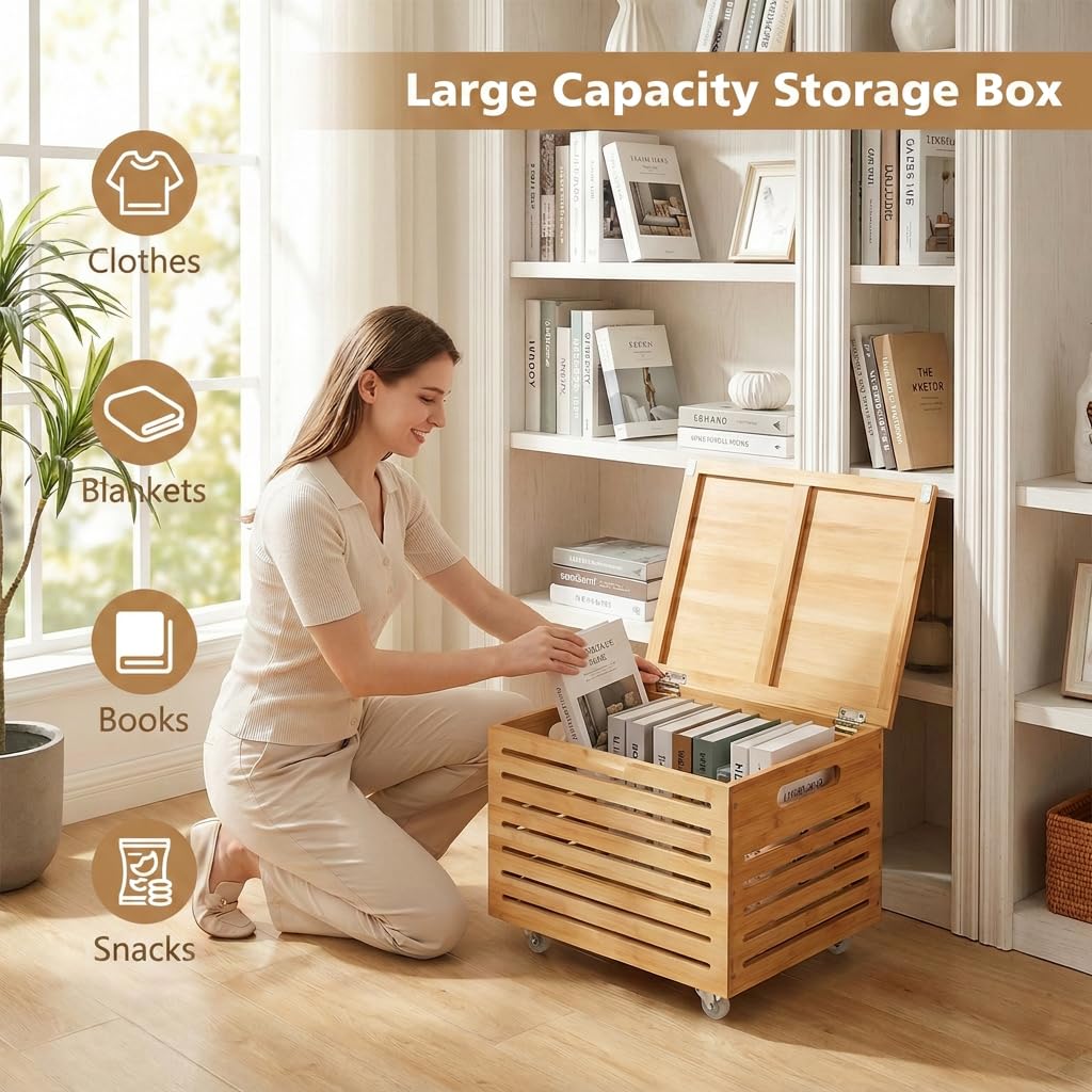 Bamboo Rolling Storage Box with 4 Wheels and Lid for Home
