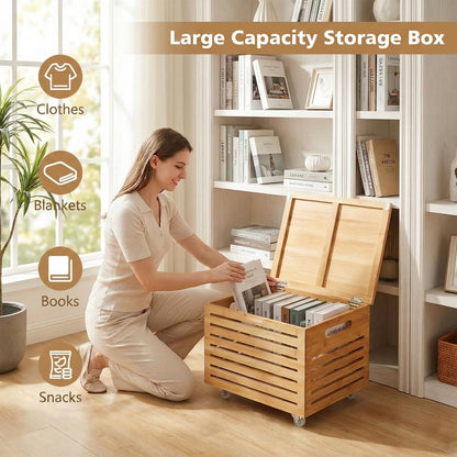 Bamboo Rolling Storage Box with 4 Wheels and Lid for Home