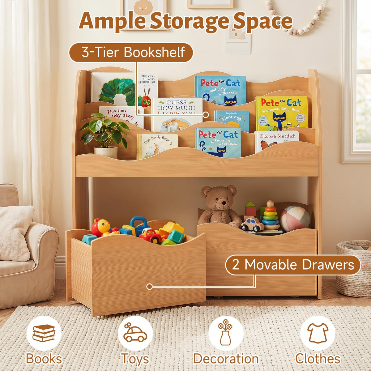 Kids Bookshelf, Storage Organizer with 2 Rolling Drawers