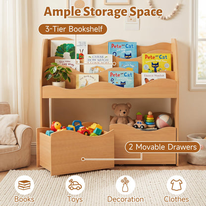 Kids Bookshelf, Storage Organizer with 2 Rolling Drawers