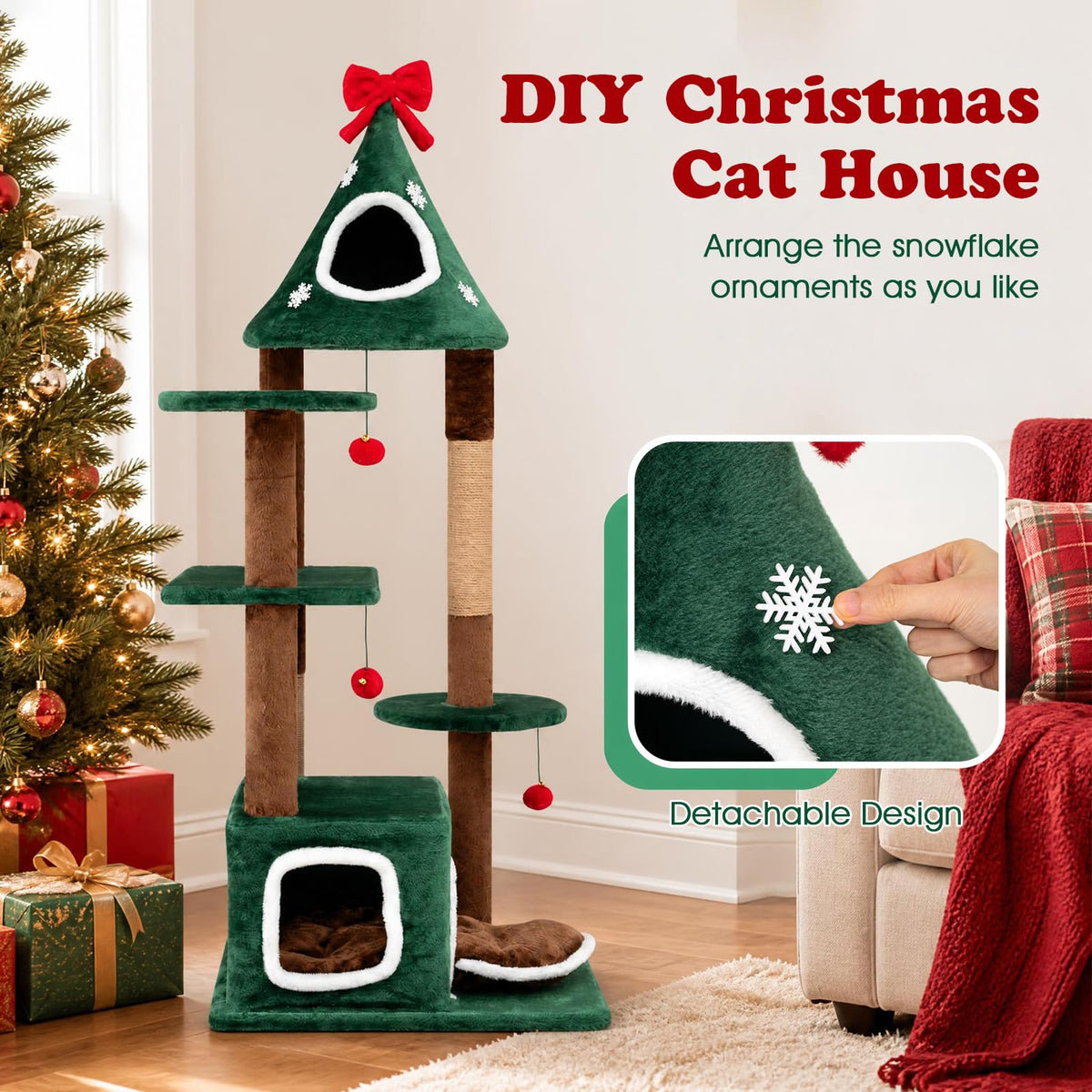 137 cm Christmas Cat Tree with 2 Condos & Removable Cushion