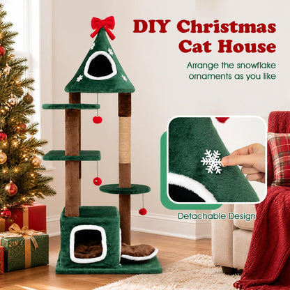 137 cm Christmas Cat Tree with 2 Condos & Removable Cushion