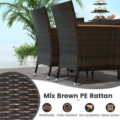 7 Pieces Patio Wicker Dining Set Acacia Wood Table and 6 Stackable Chairs