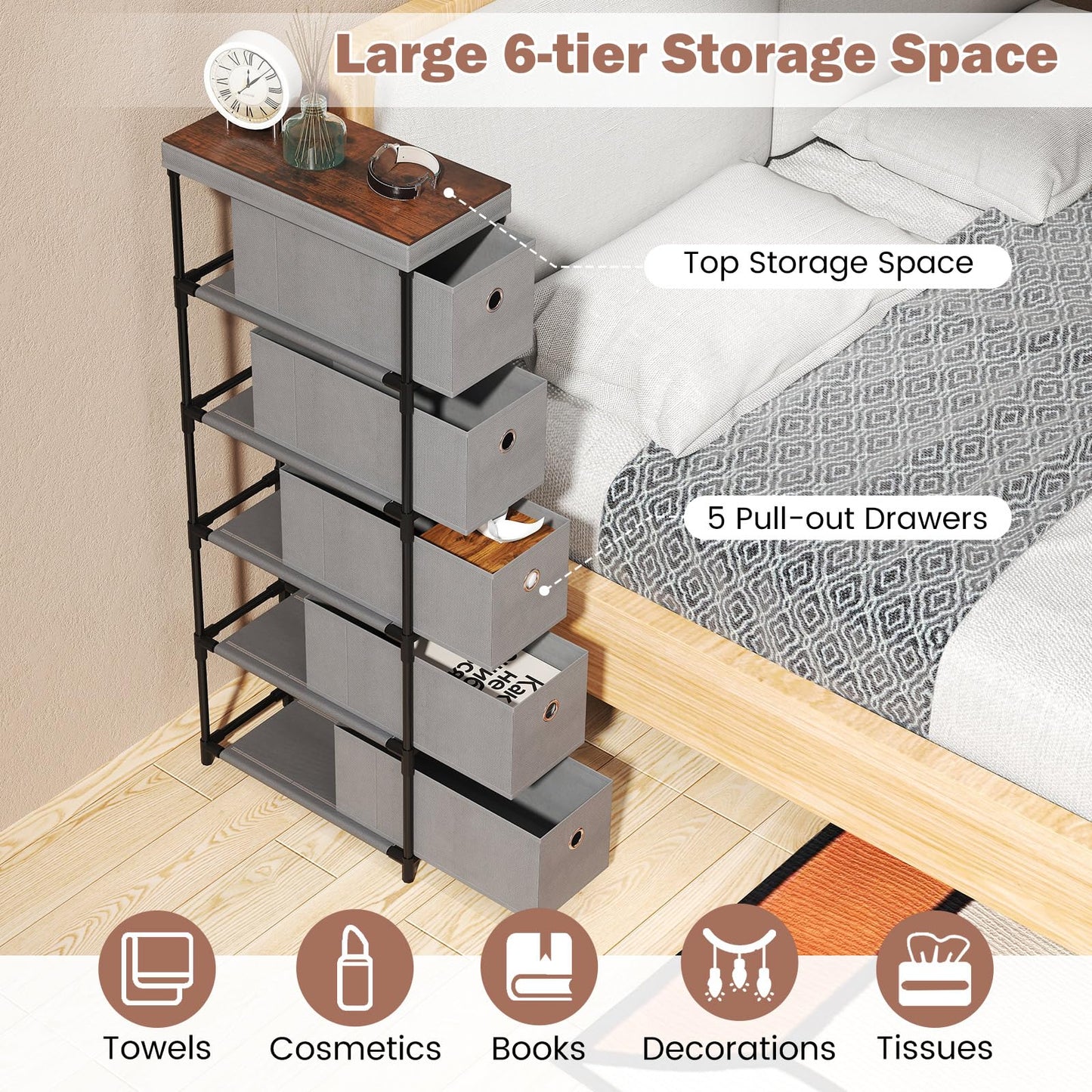 Narrow Dresser with 5 Drawers Slim Storage Tower with Metal Frame
