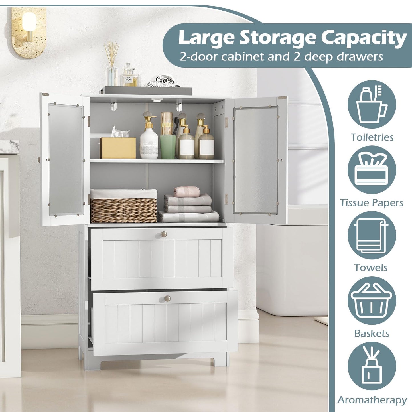 Freestanding Bathroom Storage Cabinet with 2 Frosted Tempered Glass Doors