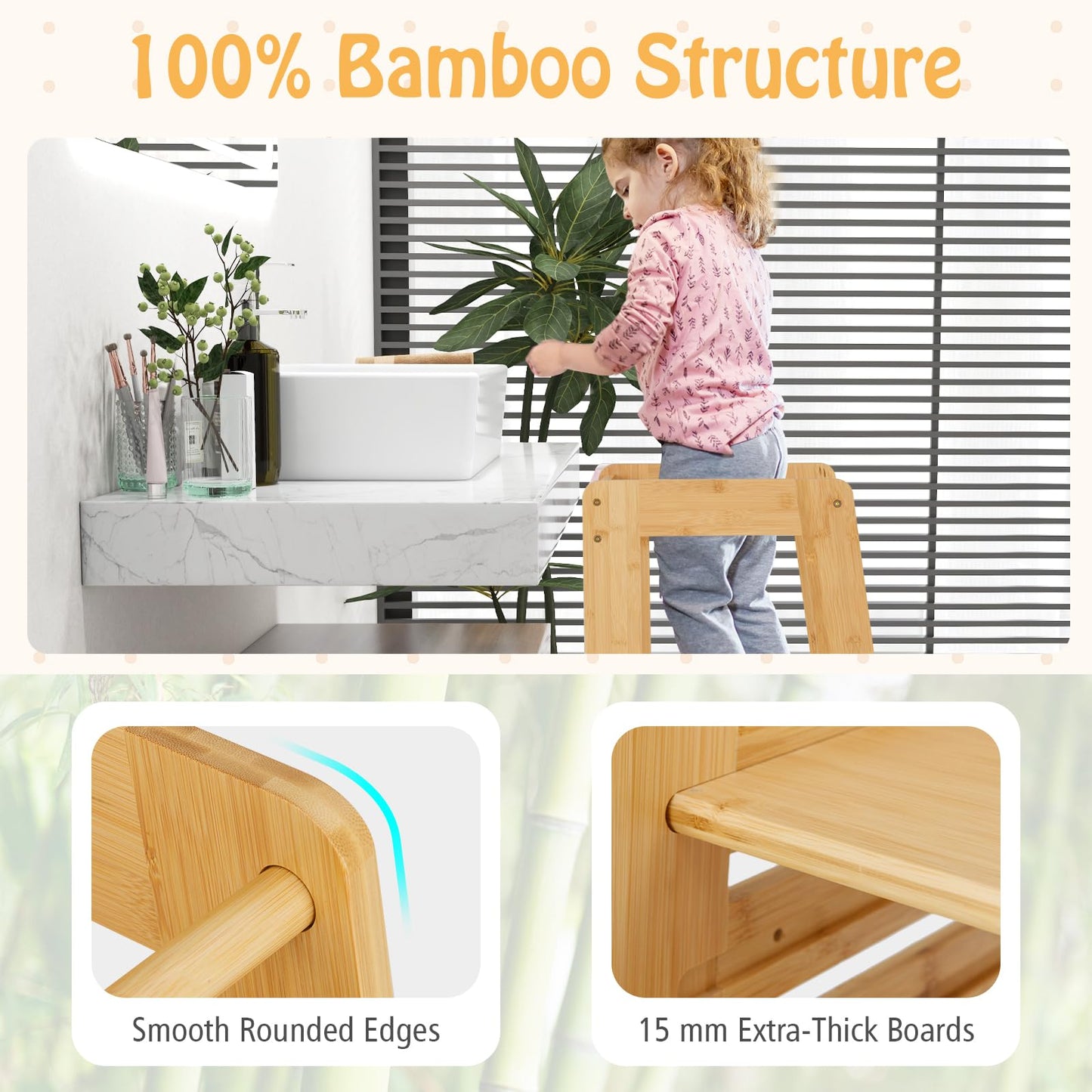 Bamboo Kids Step Stool with Height Adjustable Platform and Safety Rail