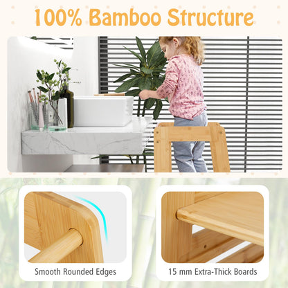 Bamboo Kids Step Stool with Height Adjustable Platform and Safety Rail