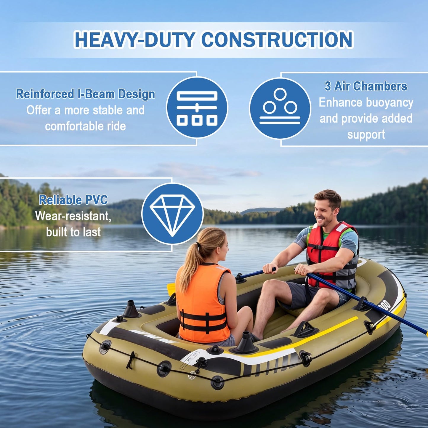 Inflatable Boat, 3/4-Person Fishing Raft Set
