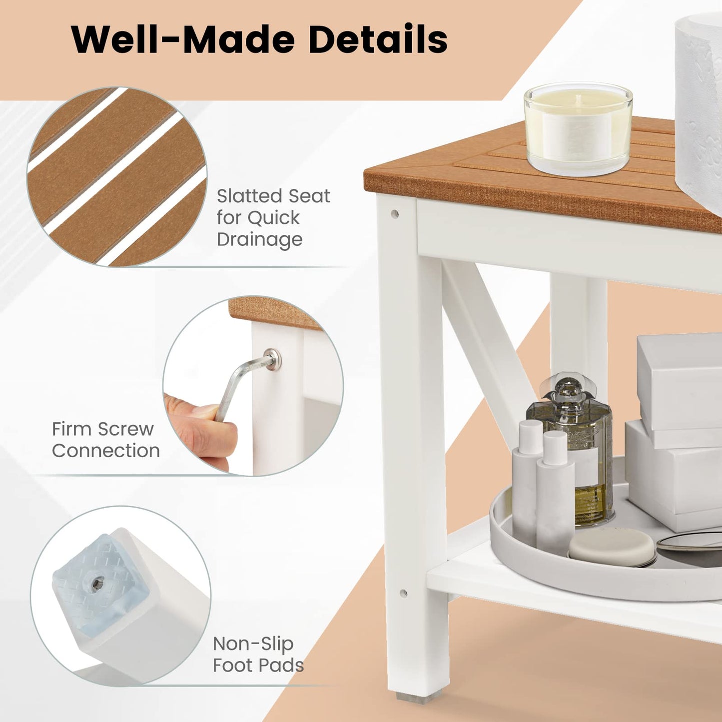 Shower Stool, HDPE Slatted Bathtub Shower Chair with Anti-Slip Foot Pads