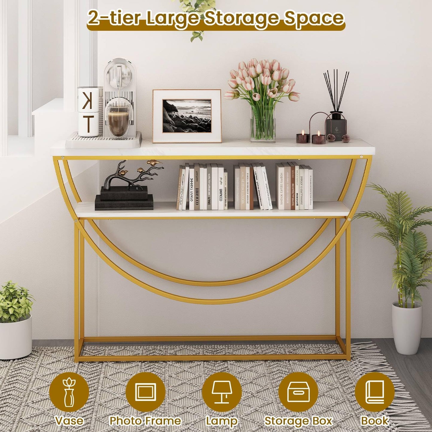 2-Tier Faux Marble Top Console Table with Storage Shelf