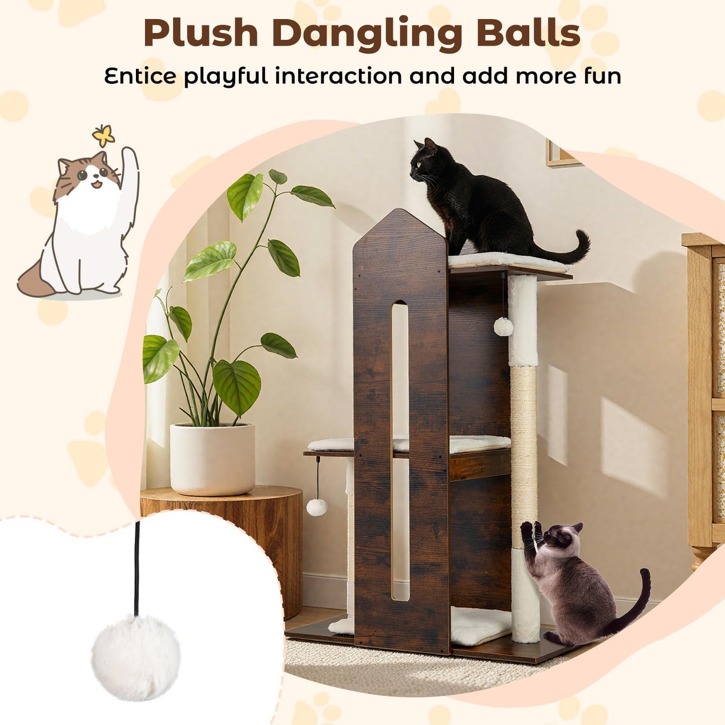 Wooden Cat Activity Center with Sisal Scratching Posts and Hanging Balls