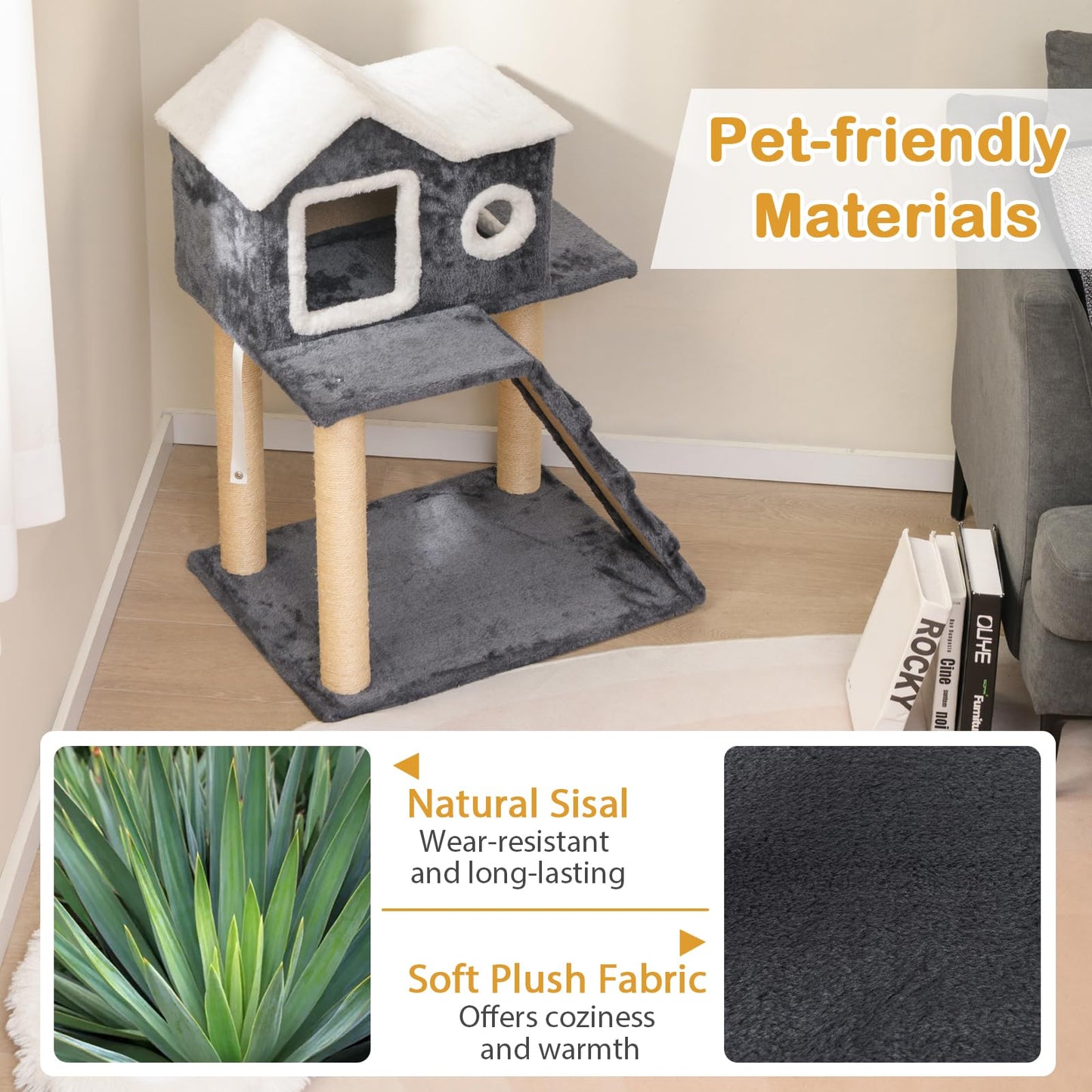 90cm Modern Cat Tree 3-level Cat Condo Furniture with Openable Roof