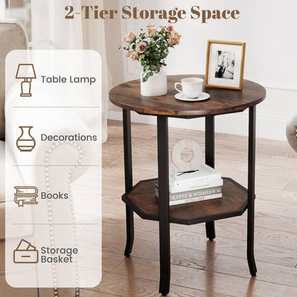 Round Side 2-Tier End Table with Storage Shelf