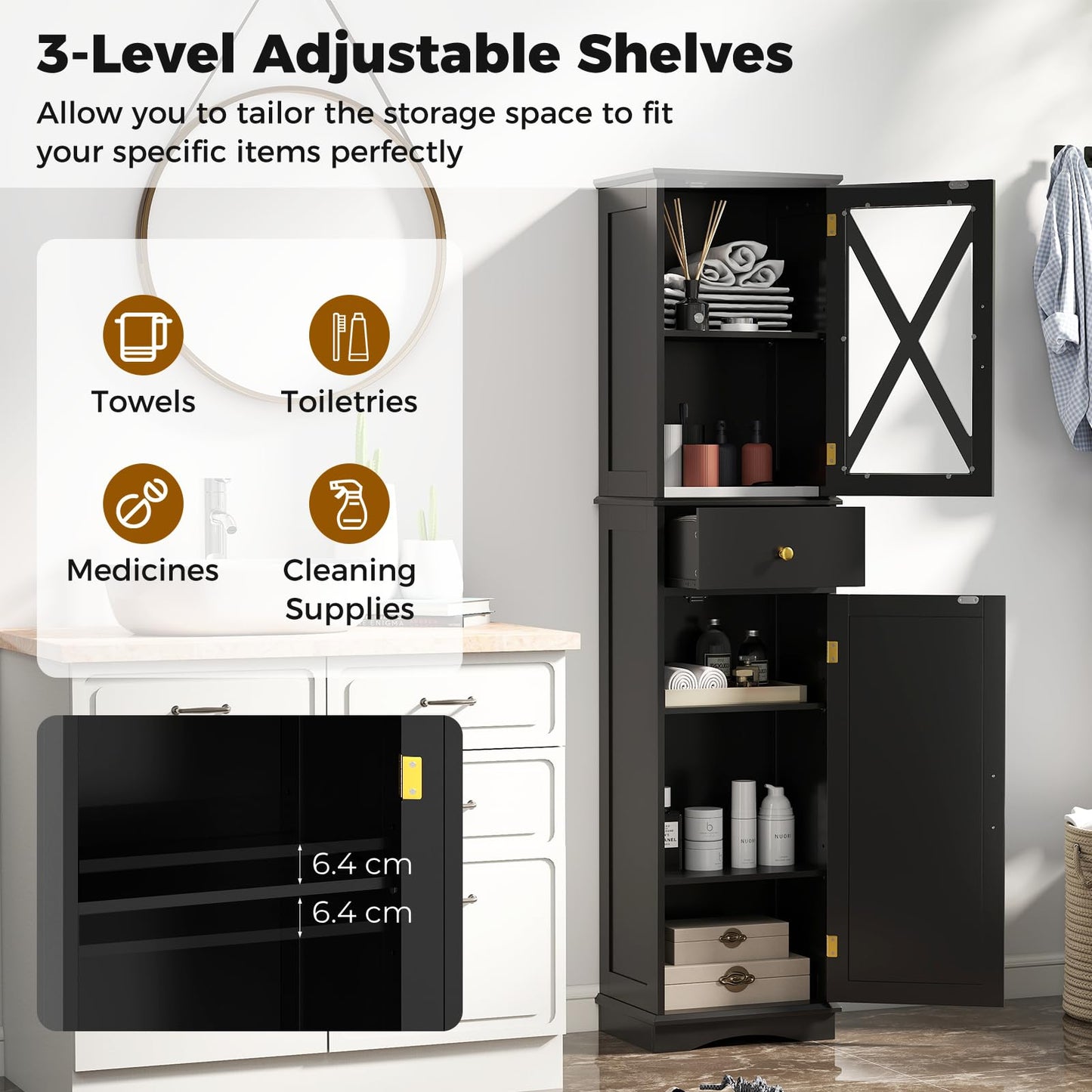 Wooden Freestanding Bathroom Tall Cabinet with 2 Doors & Adjustable Shelves