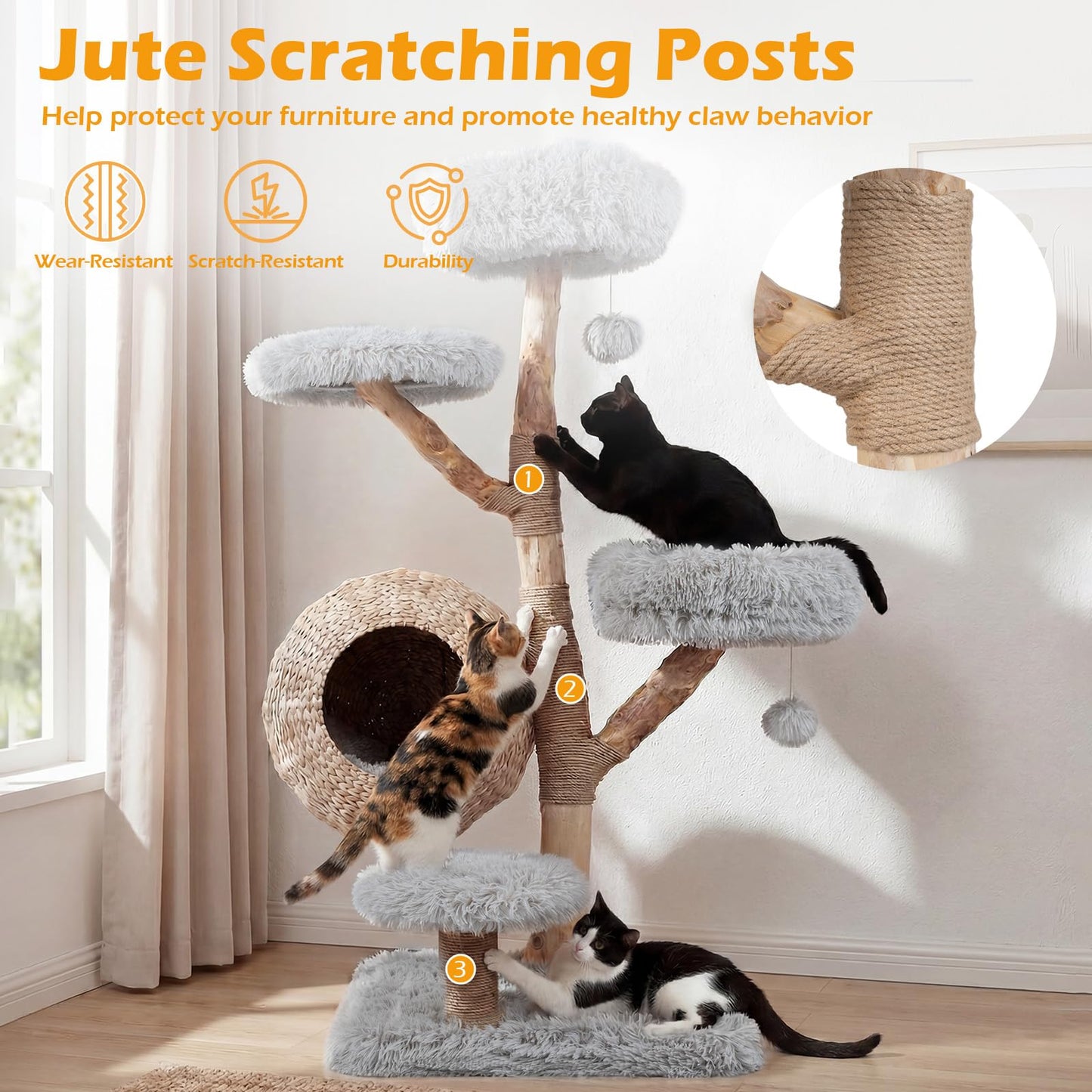 134CM 5-Tier Cat Tree with Woven Cat Condo and Hanging Balls