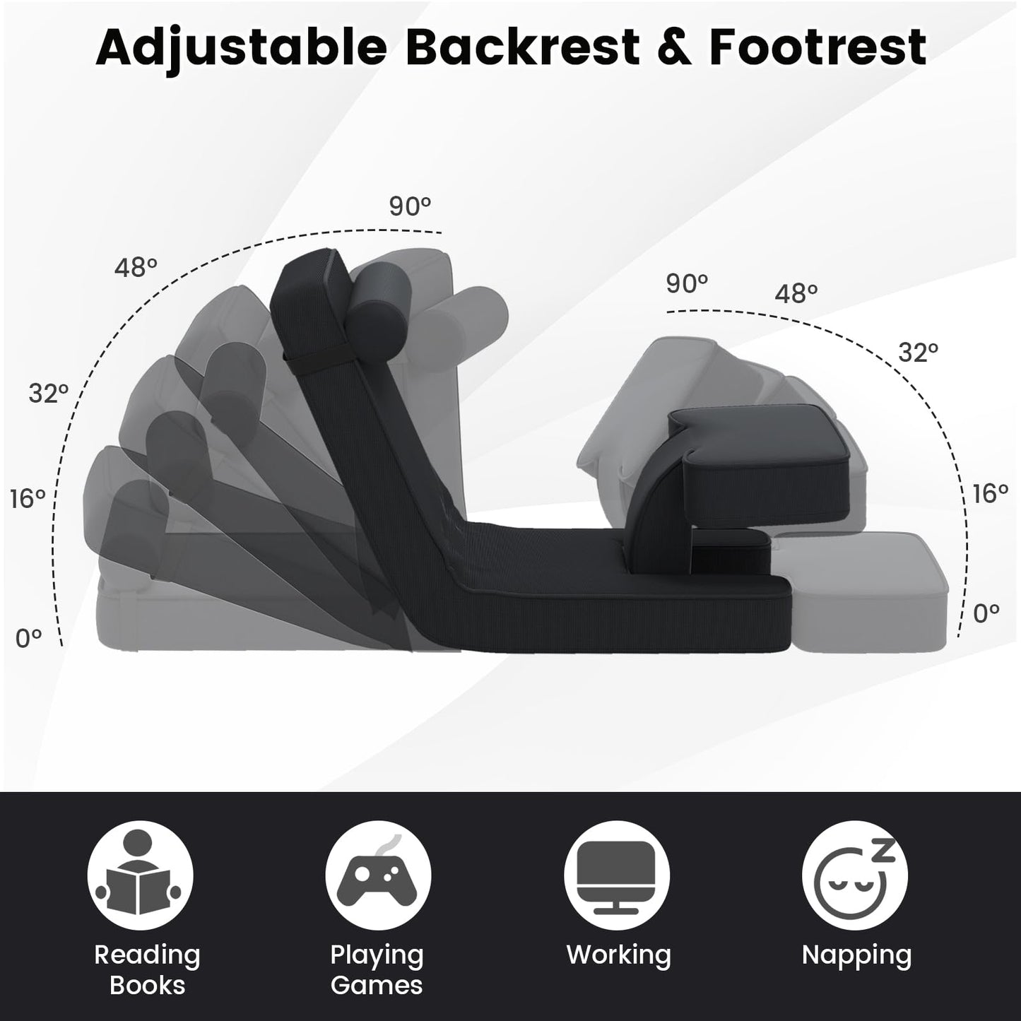 Folding Sofa Chair, Lazy Floor Sofa Bed with 5-Level Adjustable Backrest