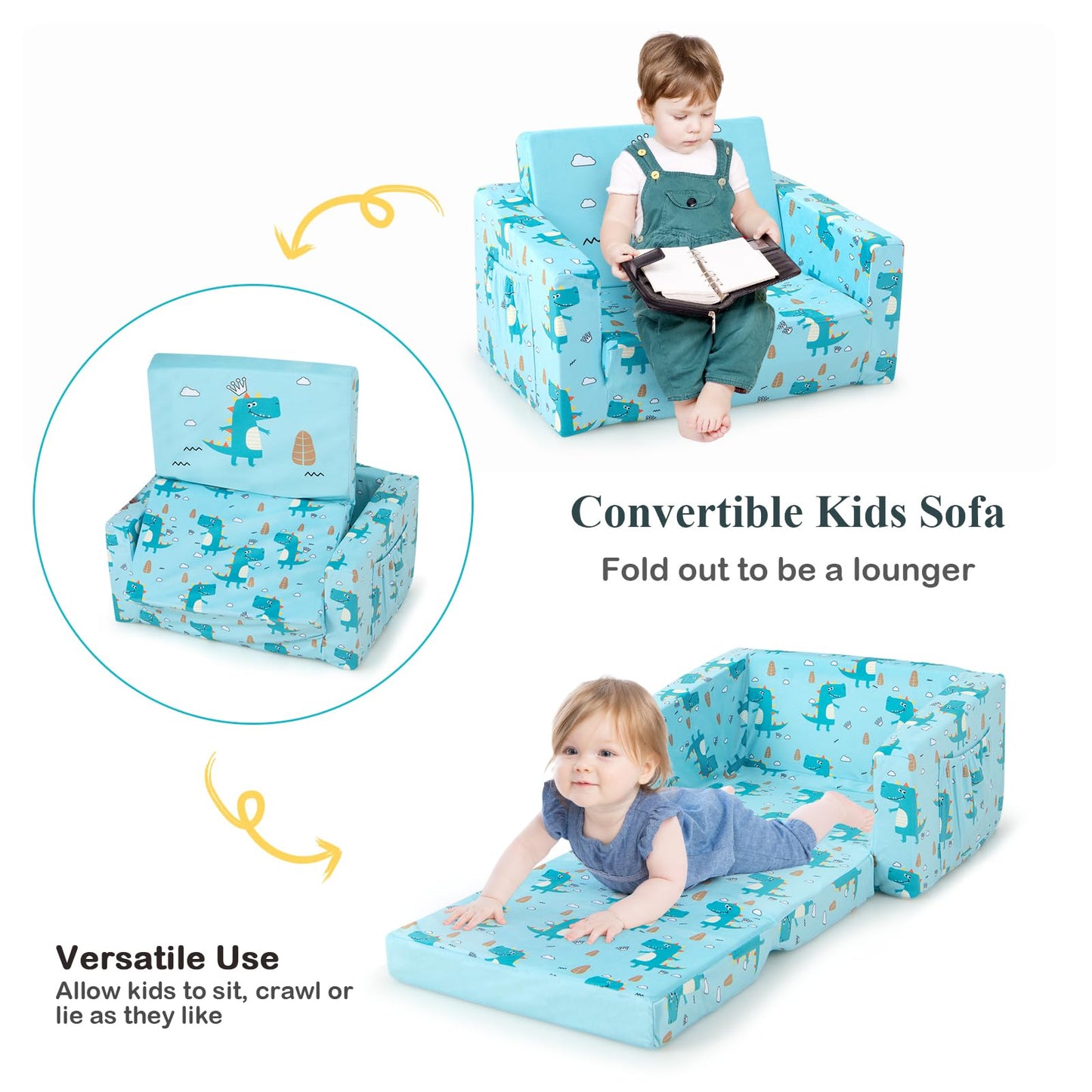 2-in-1 Toddler Sofa Fold-Out Couch Convertible with Side Pockets