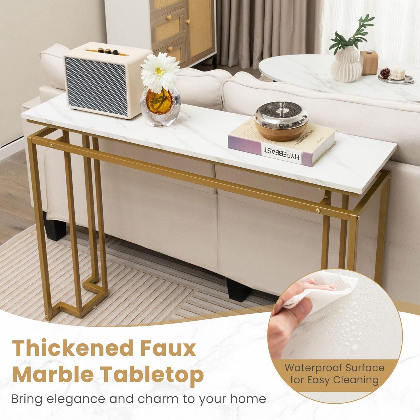 120cm Long Faux Marble Slim Entryway Table Sofa Side Table