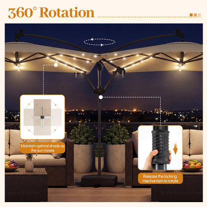 2.5M Cantilever Garden Parasol, Square Offset Banana Umbrella with 32 Solar LED Lights, 360° Rotation