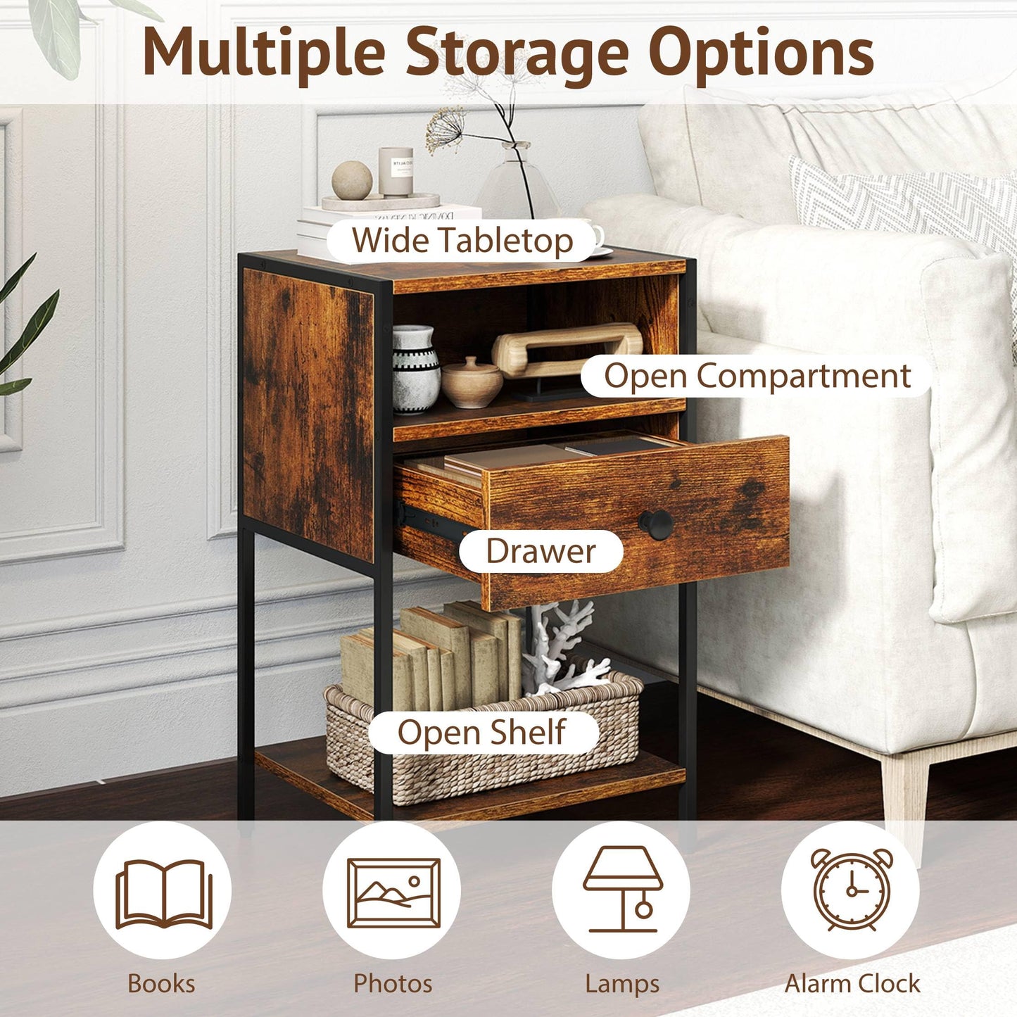 Nightstand with Open Compartment and Storage Shelf