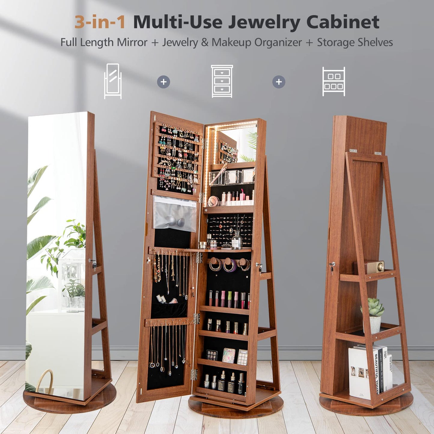 360 Degree Mirrored Jewelry Armoire with 3 Color Auto on LED Lights