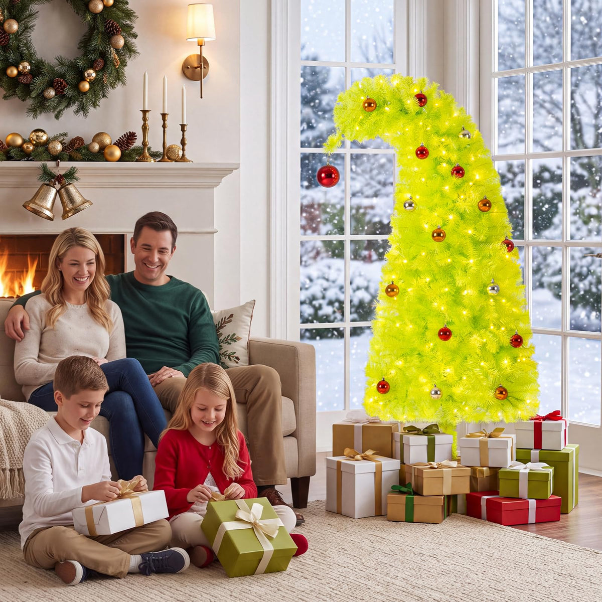 Pre-Lit Christmas Tree, Slim Artificial Xmas Tree with Curved Top Neon Chartreuse PVC Foliage, Warm White LEDs, 8 Light Modes, Pre-Decorated with Baubles, Metal Base for Indoor Use Visit the TANGZ